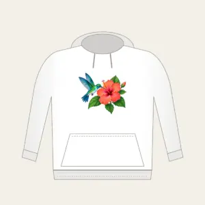 Hummingbird and Hibiscus Hoodie in white: A hummingbird beside a coral hibiscus flower with green leaves on a pale teal field.