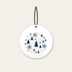 Snowflakes and Pines in Navy and Cream Ceramic Ornament in white: Snowflakes and pines repeat in navy and cream.