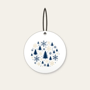 Snowflakes and Pines in Navy and Cream Ceramic Ornament in white: Snowflakes and pines repeat in navy and cream.