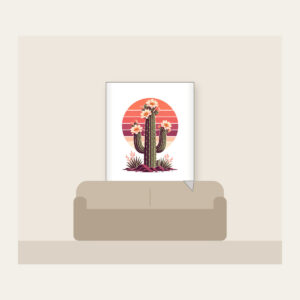 Flowering Saguaro and Striped Sun Fleece Blanket in white: A flowering saguaro cactus stands against a striped sunset sun in coral, plum and cream.