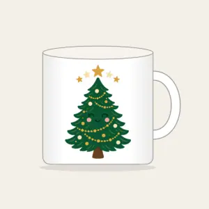 Little Pine and Five Stars Mug in white: A friendly stylised pine tree with five small stars above it in cream and gold.