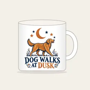 DOG WALKS AT DUSK Mug in white