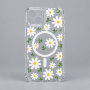 Daisy Meadow Clear Phone Case with flat printed illustration of daisies and clover leaves in white, yellow and green on clear acrylic