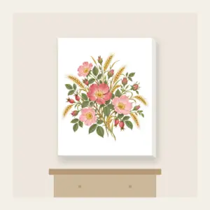 Prairie Roses and Wheat on Cream Canvas Print in white: Prairie roses and wheat stalks in rose, gold and sage scatter across a cream ground.