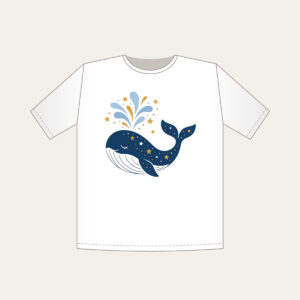 Starry Whale with Water Spout T-Shirt in white: A friendly whale lifts a spout of water among tiny white and gold stars.