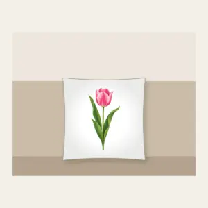 Single Pink Tulip with Long Leaves Pillow in white: A single tall tulip with long leaves in pink and green.