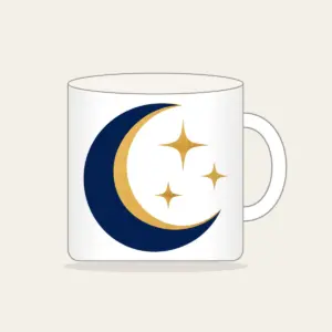 Golden Crescent and Three Stars Mug in white: A gold crescent moon and three small stars sit on deep navy.