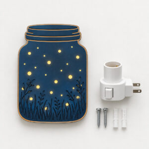 Firefly Jar Plug-In Night Light with a glass jar of fireflies drawn as glowing yellow dots on dusk blue