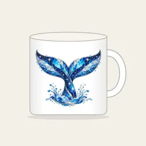Whale Tail with Prismatic Shimmer Mug in white: A whale tail in blue and silver with tiny stars and a prismatic broken-glass shimmer.