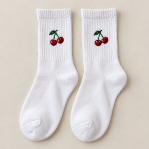 Embroidered Cherry Socks with small embroidered pair of cherries with stems at the ankle in red and green thread
