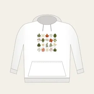Pressed Leaf Specimen Grid Hoodie in white: A grid of pressed leaves and blossoms in green, rust and cream with tiny index lines.