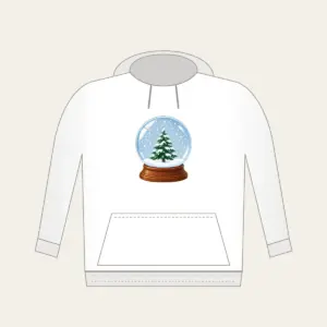Tiny Pine Snow Globe Hoodie in white: A small pine tree stands inside a round snow globe as white flakes swirl around it.
