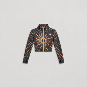 Women's Fitted Zip Sports Jacket with Sun Lines with all-over sun lines in coral, gold and white on charcoal with a small star near the chest