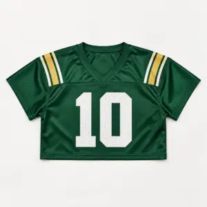 V-neck crop football jersey printed with green and gold shoulder stripes and number 10