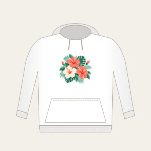 Hibiscus Sorbet Tropical Blooms Hoodie in white: Hibiscus flowers and leaves in coral, mint and cream.