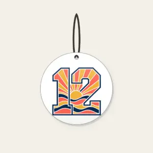 Sunrise Bands Number 12 Ceramic Ornament in white: Sunrise bands in coral, gold and navy with the number “12” and no other text.