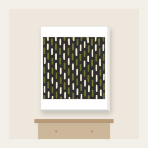 Staggered Olive Dashes on Charcoal Canvas Print in white: Short olive and cream dashes in a staggered rhythm on charcoal.