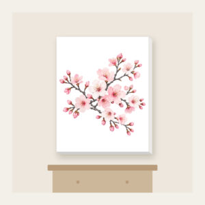 Cherry Blossom Branches on Grey Canvas Print in white: Cherry blossom branches in pale rose and white bloom on a muted grey background.