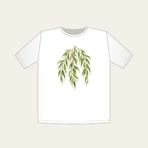 Weeping Willow Branches with Dewdrops T-Shirt in white: Weeping willow branches in green and gold carry tiny dewdrops and small leaf pendants.