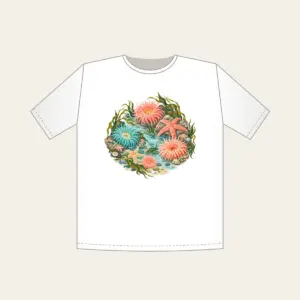 Coral Tidepool Anemones T-Shirt in white: Anemones, starfish and sea grass gather in coral, teal and sand over a pale aqua ground.