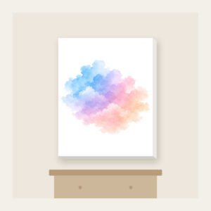 Watercolor Dawn Sky Gradient Canvas Print in white: A watercolor gradient drifts from pale blue to lilac to peach with cloud edges.