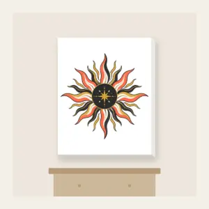 Sunburst Lines on Charcoal with a Small Star Canvas Print in white: Sun lines in coral, gold and white radiate across a charcoal ground, with one small star set off to one side.
