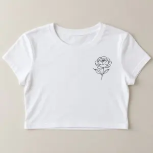 Peony Line Crop Tee with small chest print of a single peony drawn in one continuous black line with two leaves