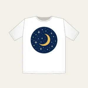 Midnight Stars and Golden Crescent Moon T-Shirt in white: A midnight-blue field with small cream stars and a gold crescent moon.
