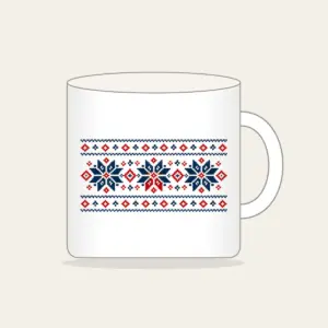Fair Isle Snowflake Band Mug in white: A Fair Isle-style band of snowflakes and small diamonds in navy, cream and red.
