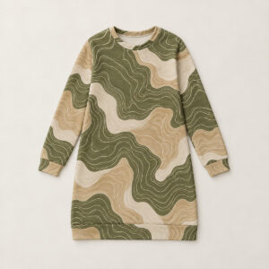 Moss Contour Sweatshirt Dress with all-over contour lines in moss, sand and cream