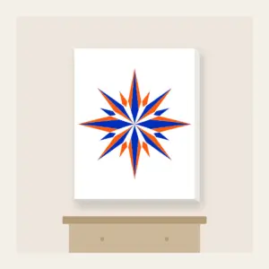 Cobalt Starburst Pattern Canvas Print in white: A starburst pattern in cobalt and orange over a cream field.