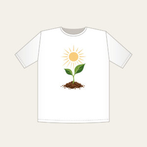 Seedling Reaching for Sunbeams T-Shirt in white: A young seedling stretches toward warm sunbeams in cream, green and brown.