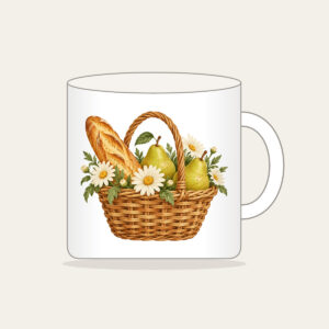 Baguette and Pear Basket Mug in white: A woven basket holds a baguette, two pears and white daisies in warm tan, green and cream.