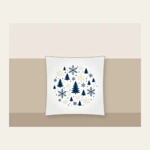 Snowflakes and Pines in Navy and Cream Pillow in white: Snowflakes and pines repeat in navy and cream.