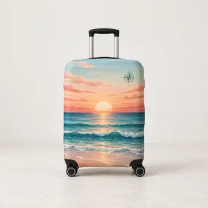 Sunrise Coast Luggage Cover with all-over coastal sunrise bands in peach, coral and teal with tiny waves and a small compass rose