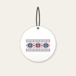Fair Isle Snowflake Band Ceramic Ornament in white: A Fair Isle-style band of snowflakes and small diamonds in navy, cream and red.