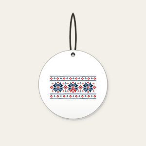 Fair Isle Snowflake Band Ceramic Ornament in white: A Fair Isle-style band of snowflakes and small diamonds in navy, cream and red.