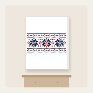 Fair Isle Snowflake Band Canvas Print in white: A Fair Isle-style band of snowflakes and small diamonds in navy, cream and red.