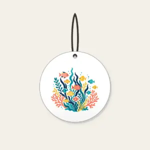Tropical Fish School and Seaweed on Navy Ceramic Ornament in white: A school of small tropical fish and seaweed in coral, yellow and teal swims on navy.