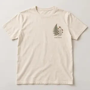 Field Notes Botanical Tee with small chest print of a pressed fern and wildflower specimen sketch in dark green and rust with the exact text "Field Notes"