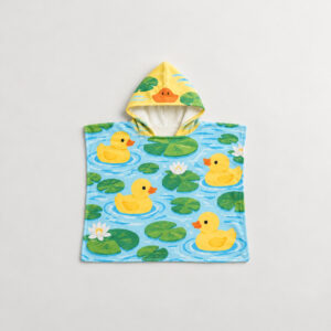 Little Duck Pond Kid Hooded Towel with all-over ducks, lily pads and ripples in yellow, blue and green with a small duck bill on the hood