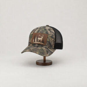 Camo Stag Leather Patch Trucker Cap with artwork on a rectangular Rustic Dark Brown faux leather patch of a stag and three pines in cream and brown, Rec_RDBrown patch, Camo/Black cap, DTF printed on the patch