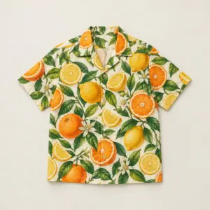 Citrus Grove Hawaiian Shirt with all-over citrus slices and leaves in orange, lemon and green on cream