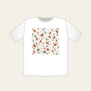 Terracotta and Sage Terrazzo Chips T-Shirt in white: Terrazzo chips scattered in terracotta, sage and cream.