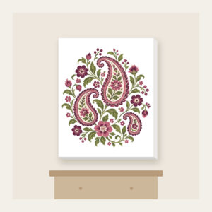 Plum and Olive Paisley Garden Canvas Print in white: A paisley garden pattern with small flowers in plum, rose and olive on cream.