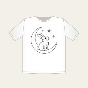 Line-Art Rabbit on a Crescent Moon T-Shirt in white: A white line-art rabbit sitting on a crescent moon with three stars.