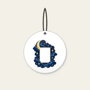 Starry Navy Sky with an Open Center Ceramic Ornament in white: A deep-blue sky of tiny stars and a crescent surrounds an empty central rectangle.