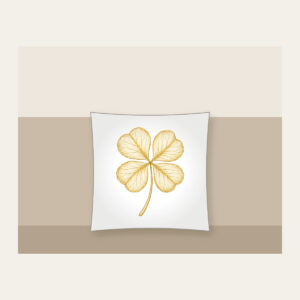 Four-Leaf Clover Botanical Plate Pillow in white: A four-leaf clover with its roots, drawn in cream and gold line art in the style of a botanical plate.