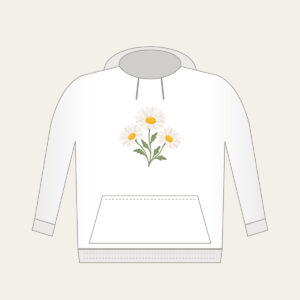 Chain of Three Daisies Hoodie in white: Three daisies in white and butter yellow link along a single sage stem.
