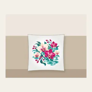 Orchids and Lagoon Ripples Pillow in white: Orchids and gentle lagoon ripples mix in teal, magenta and cream.